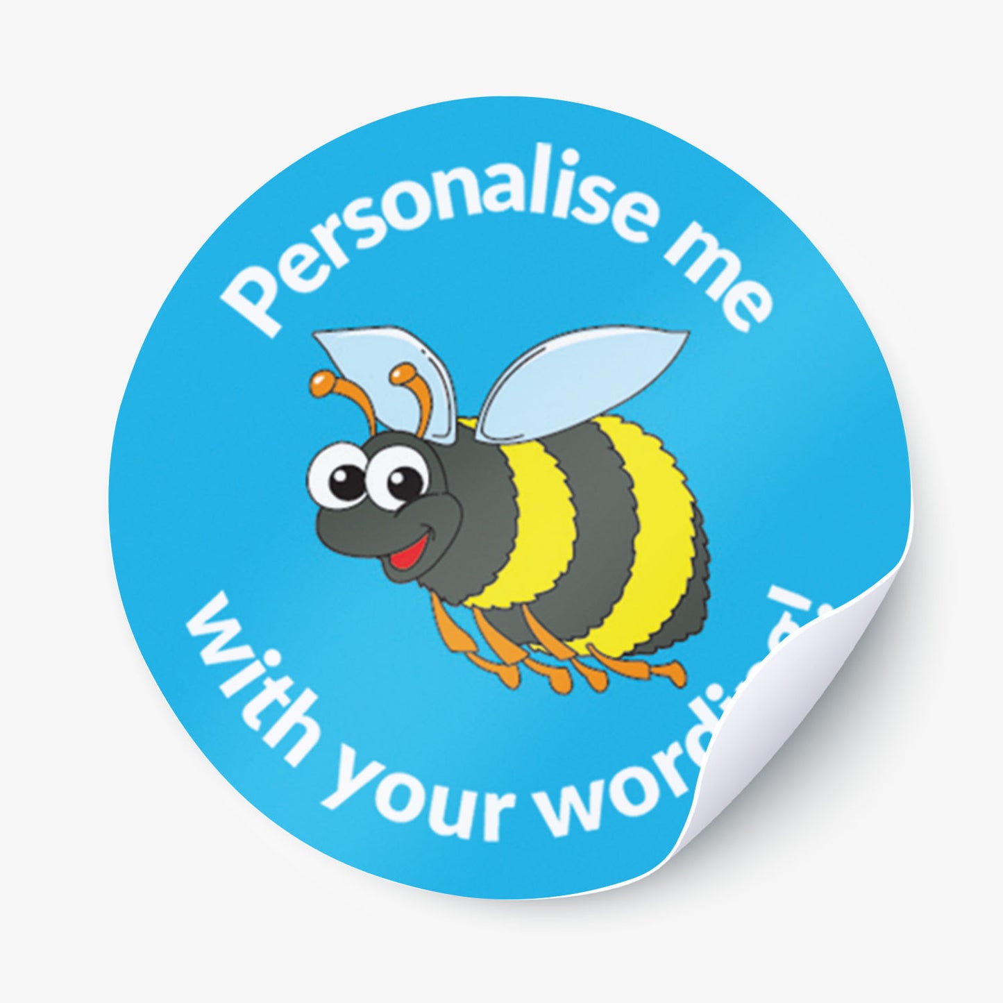 Blue sticker with a bumble bee central with 'Personalise me' above and 'with your wording' below 