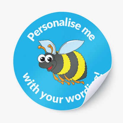 Blue sticker with a bumble bee central with 'Personalise me' above and 'with your wording' below 