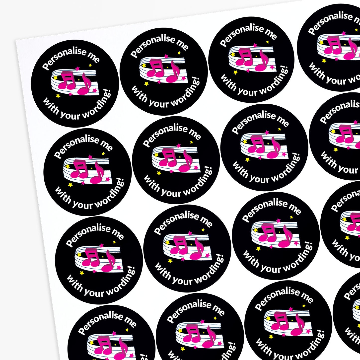 Round sticker on a sheet with musical notes and text 'Personalise me with your wording!' 