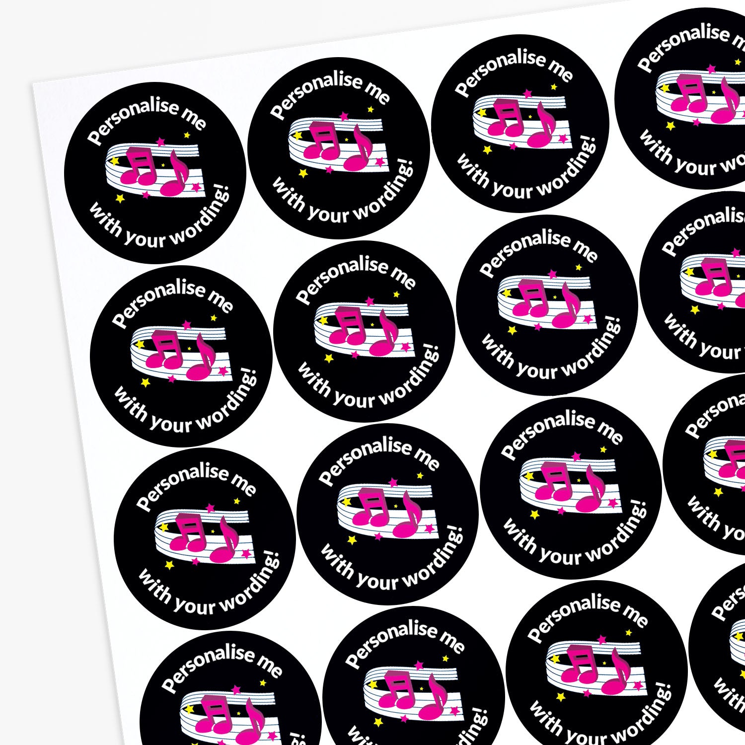 Round sticker on a sheet with musical notes and text 'Personalise me with your wording!' 