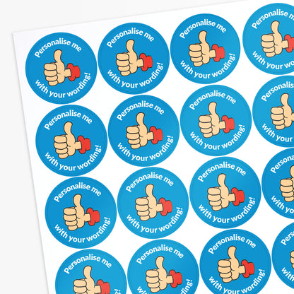 Sheet of blue stickers with thumbs up icons and text 'Personalise me with your wording!' on a white background.
