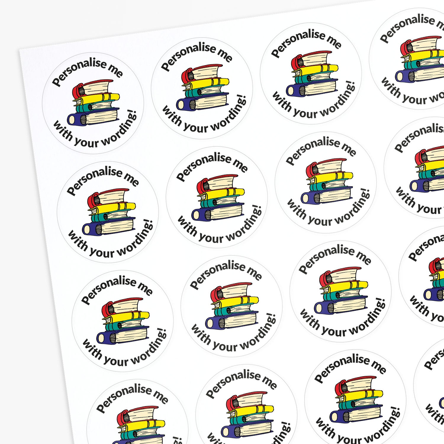 Circular stickers with book illustrations and text 'Personalise me with your wording!' on a white background.