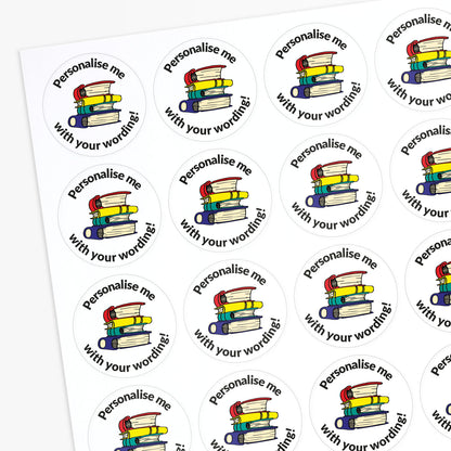 Circular stickers with book illustrations and text 'Personalise me with your wording!' on a white background.