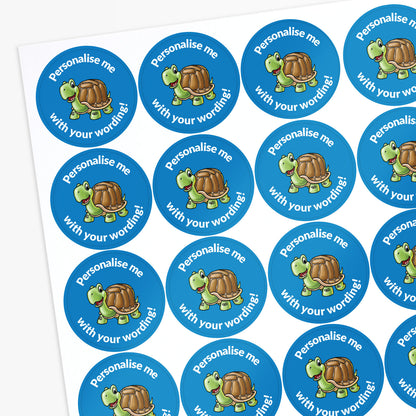 Sheet of personalized turtle stickers with blue circles and turtle graphics.