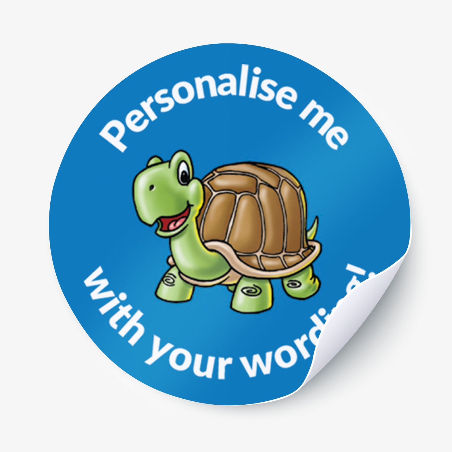 Round blue sticker with a cartoon turtle and text on a white background