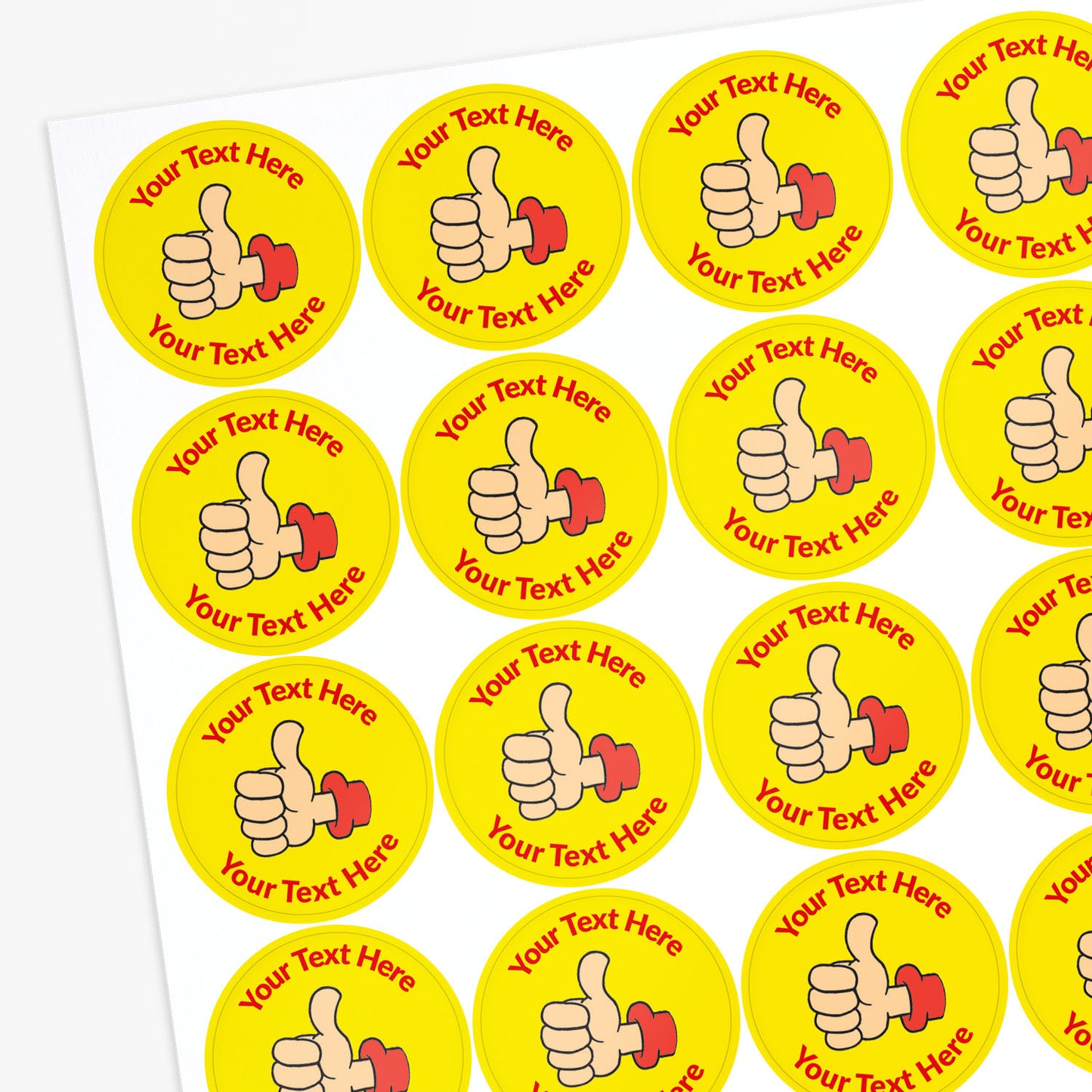 Sheet of customizable yellow stickers with thumbs-up icons and text area.
