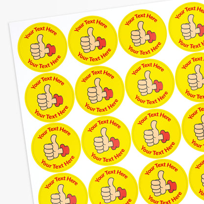 Sheet of customizable yellow stickers with thumbs-up icons and text area.