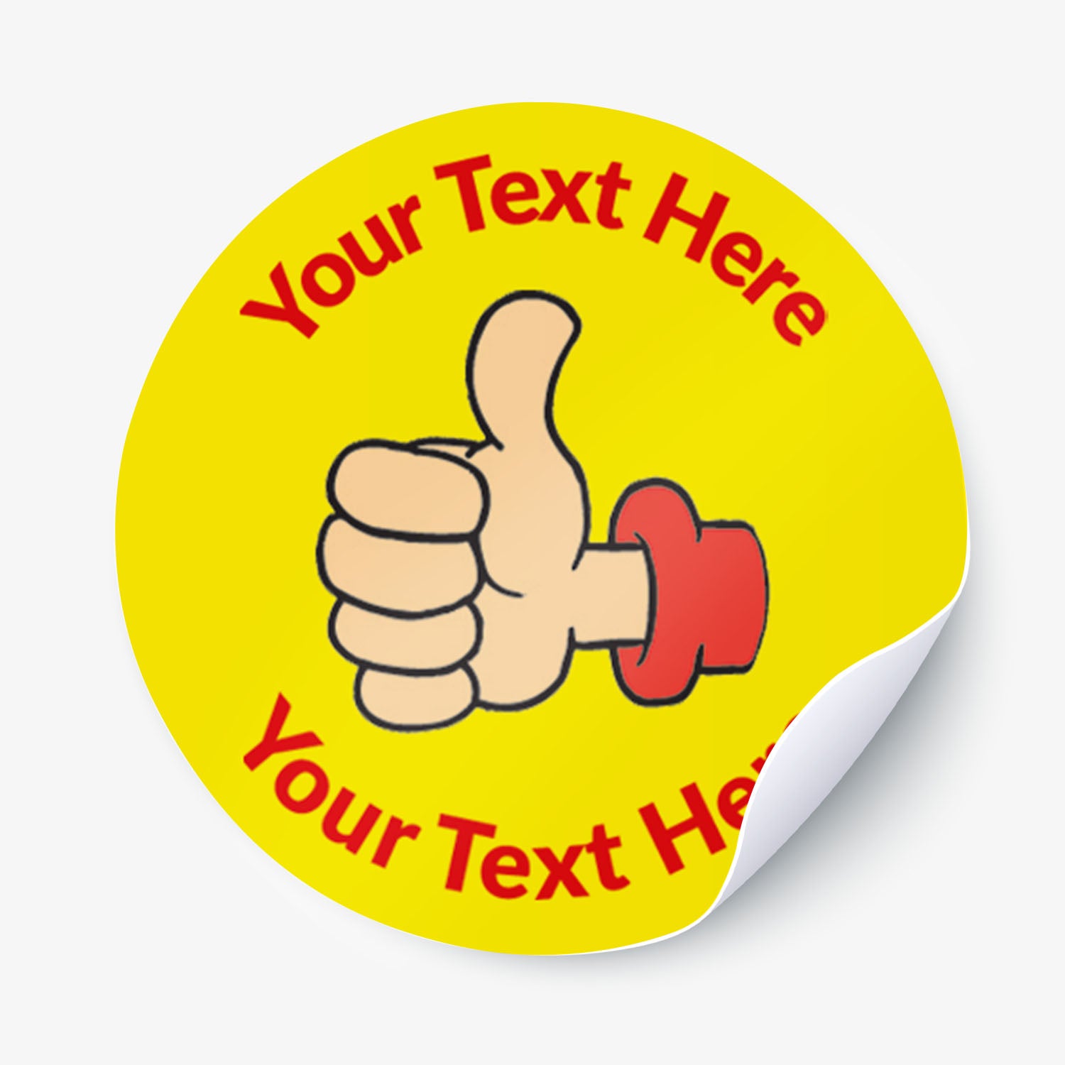 Round yellow sticker with a thumbs up icon and customizable text on a white background