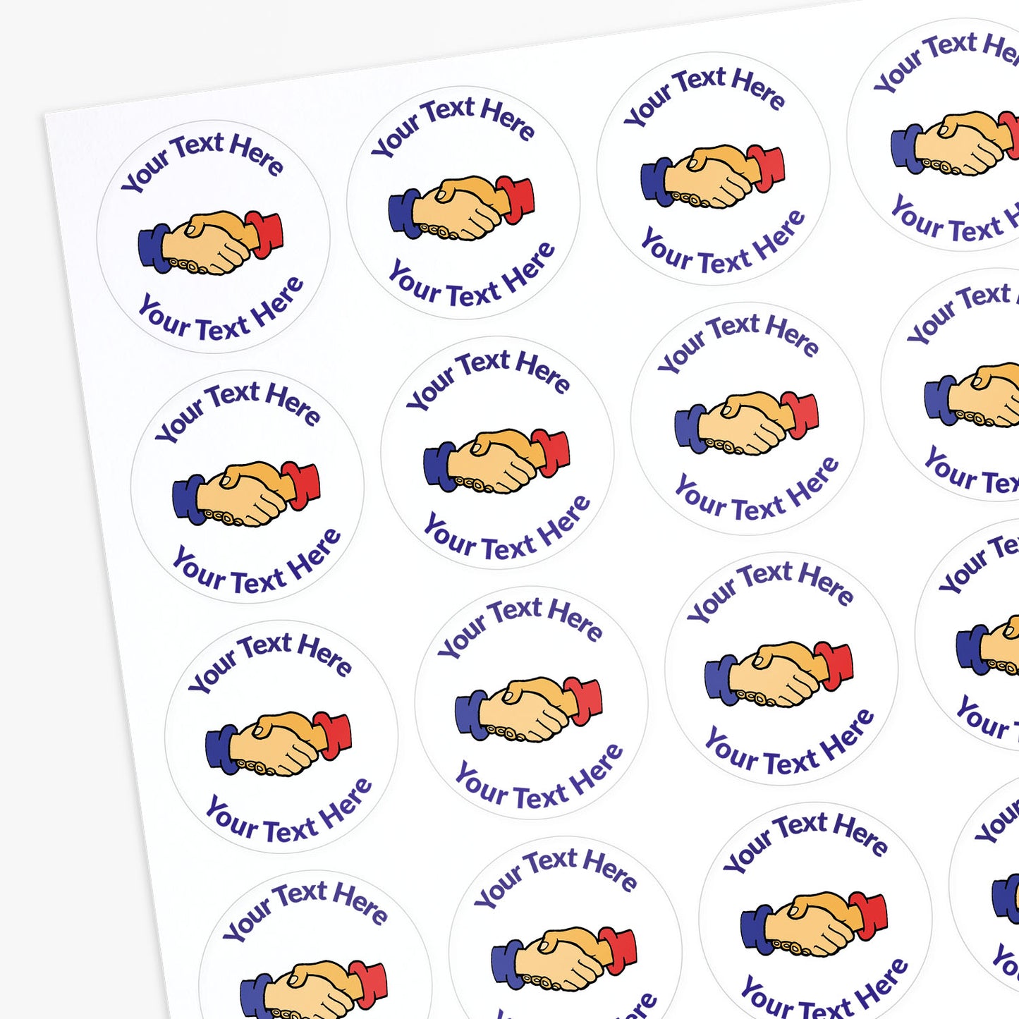 Sheet of customizable stickers with handshake graphics and text area.