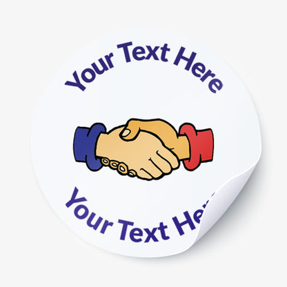 Sticker with a handshake graphic and customizable text on a white background