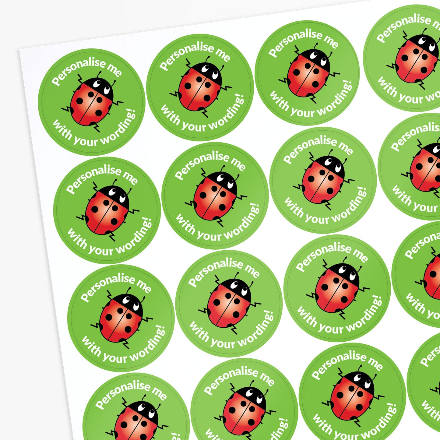 Sheet of round sticker with a ladybug design and text 'Personalise me with your wording!' 