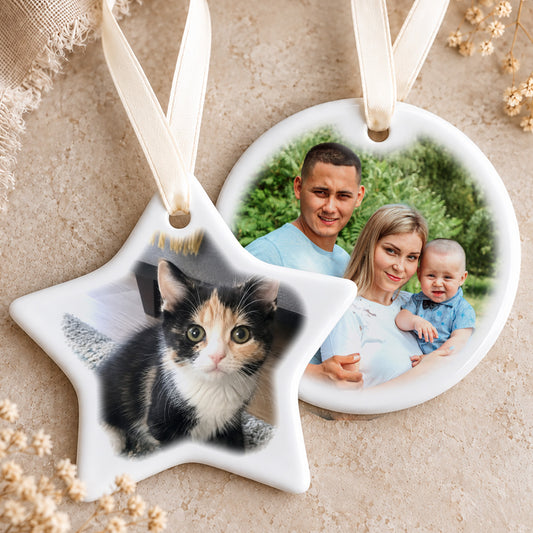 Photo upload Star and circle ceramic baubles with ivory ribbon on a hessian background