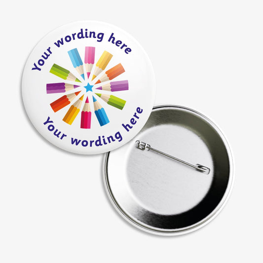 Set of ten 38mm round white badges featuring a central star surrounded by colourful pencil illustrations, with customisable text areas above and below the design; includes a safety pin backing.
