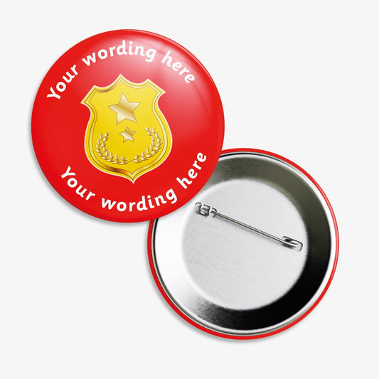 Set of ten 38mm round personalised badges featuring a red background with gold shield in the middle; includes customisable text above and below the central design, equipped with safety pin fastenings—ideal for recognising pupil achievements
