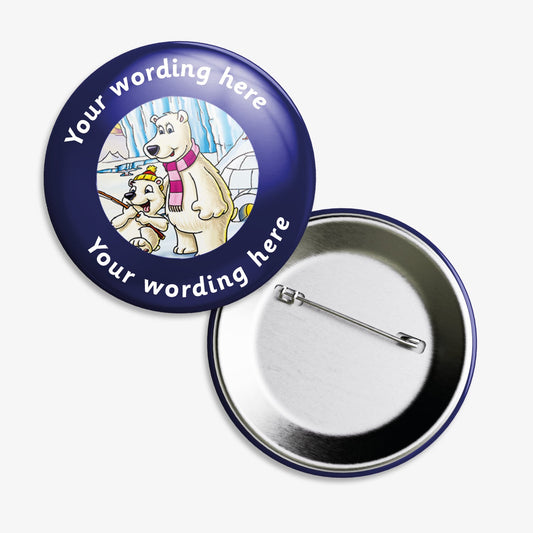 Set of ten 38mm round personalised badges featuring a central design of 2 cartoon polar bears fishing with igloo in the background. The border is dark blue with customisable white text above and below the icon; equipped with safety pin fastenings.
