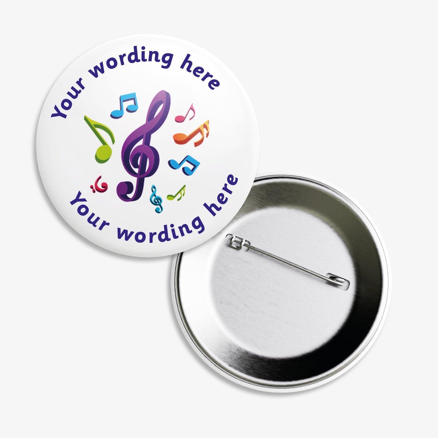 Set of ten 38mm round personalised badges featuring a central musical note icons on a white background, with customisable text above and below the icon; equipped with safety pin fastenings, ideal for recognising pupils' musical achievements or participation.