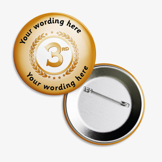Set of ten 38mm round personalised badges featuring a bronze background with a bronze number '3rd' in bold on white background, surrounded by a laurel wreath; includes customisable text above and below the central design, equipped with safety pin fastenings—ideal for recognising third-place achievements.
