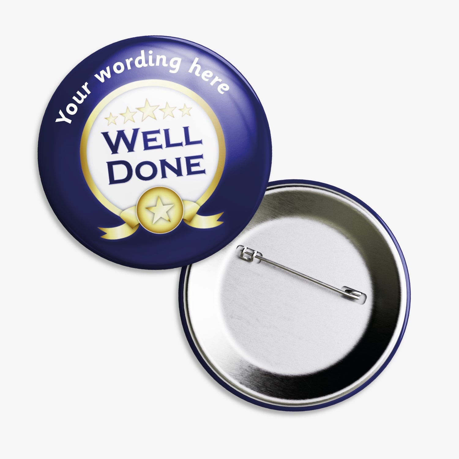 Set of ten 38mm round badges with a deep navy blue background, featuring a central gold and white emblem displaying the words "WELL DONE" in bold capital letters, accompanied by three gold stars above and a ribbon motif below; customisable white text areas are positioned above and below the central design, and the badge includes a safety pin backing.