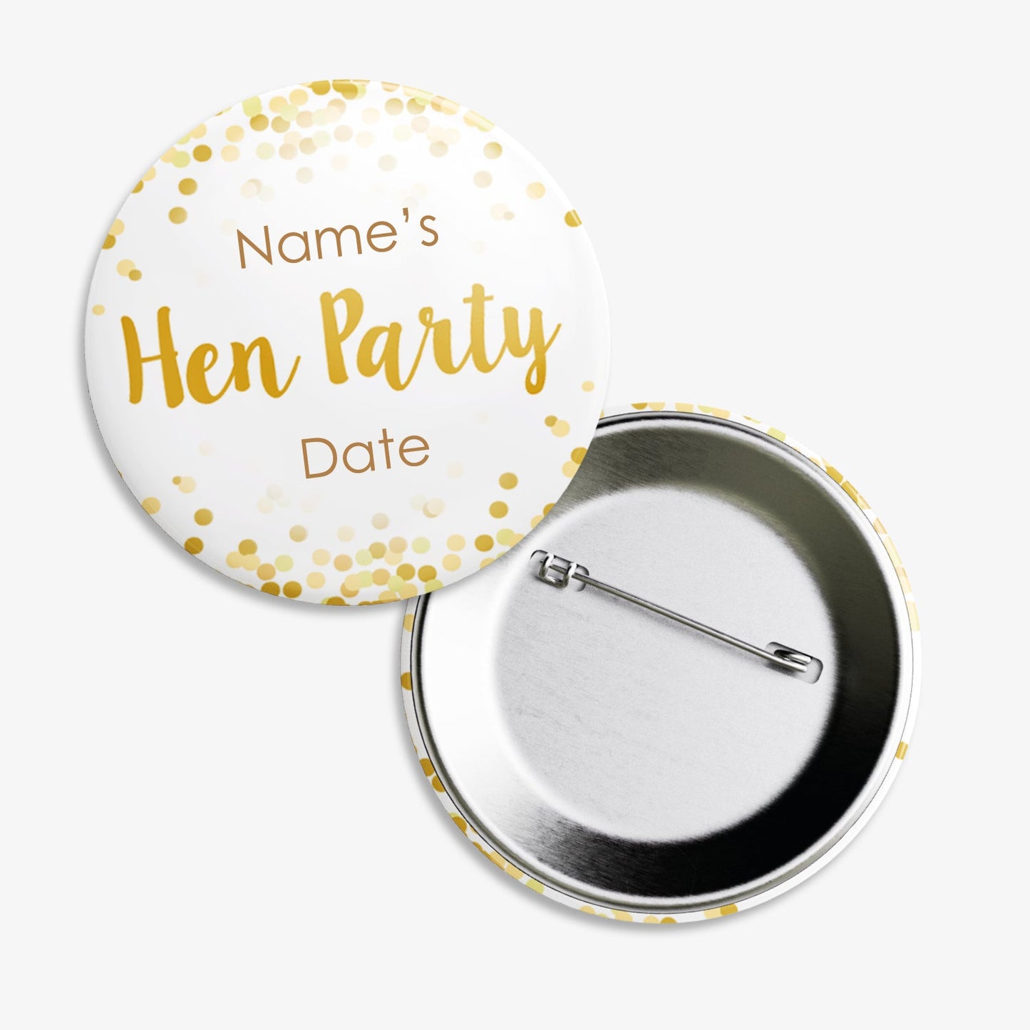 A set of ten 38mm round badges with a white background adorned with scattered gold confetti dots, featuring the phrase "Hen Party" in elegant gold script at the centre; customisable text areas are positioned above and below the central design, and the badge includes a safety pin backing.
