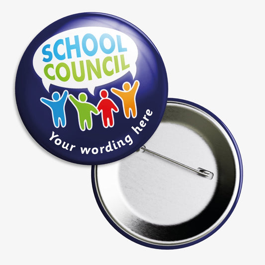 Set of ten 50mm round dark blue badges with 4 colourful people shapes saying SCHOOL COUNCIL in a speench bubble.  These personalised badges include space for customisable text below the characters, equipped with safety pin fastenings.
