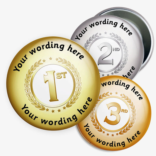 Gold, silver, and bronze medals with customizable text on a white background
