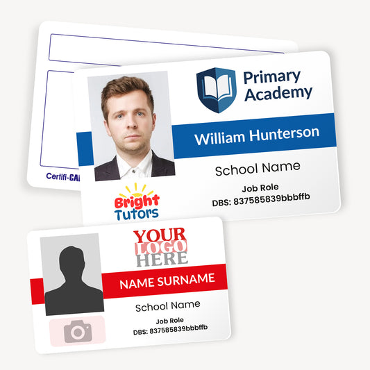 Two customizable ID cards with a photo area and text fields for 'School Name', 'Job Role', and 'DBS Number'. One card has a pre-printed logo, while the other is blank.