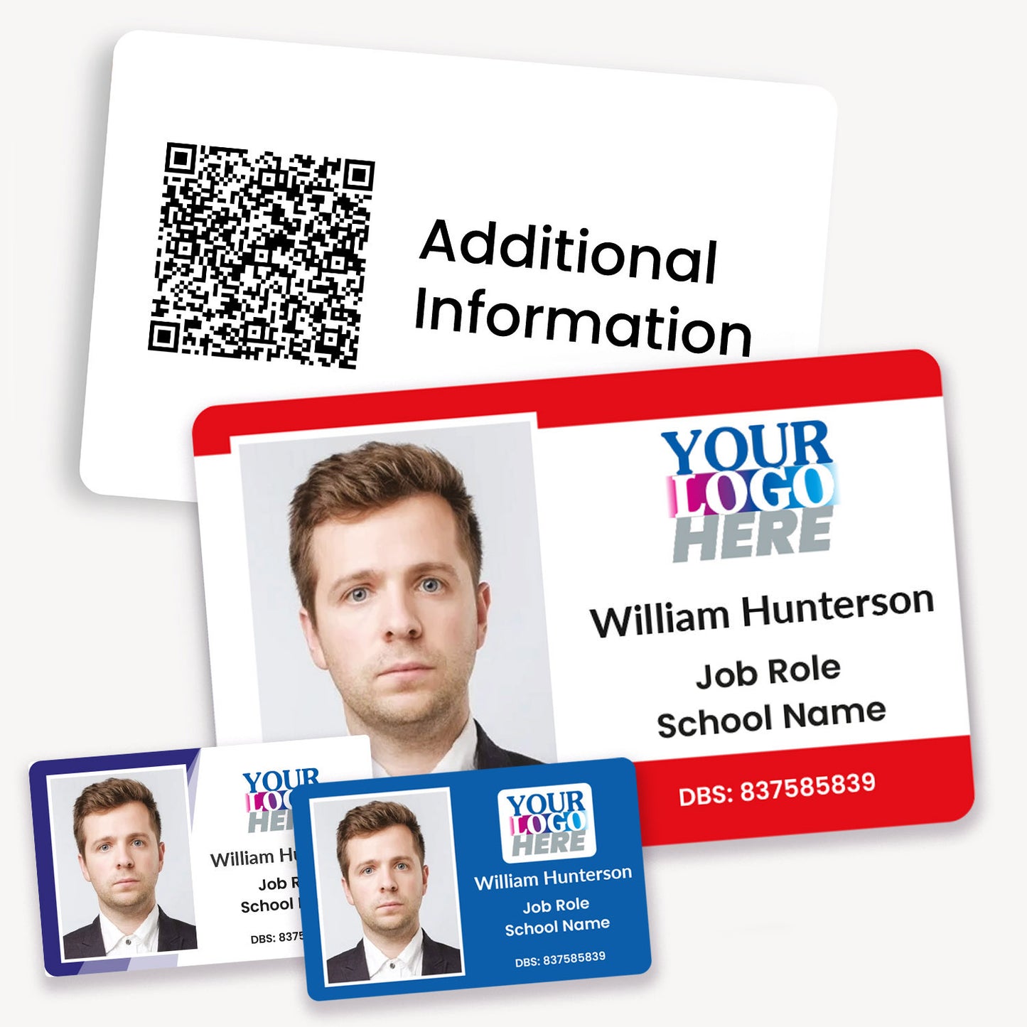 Customisable ID card measuring 86mm by 54mm, featuring three ID cards with an image of a man and contact details. Also 'Your Logo Here' text.  You also see the reverse of the card with Additional Information.