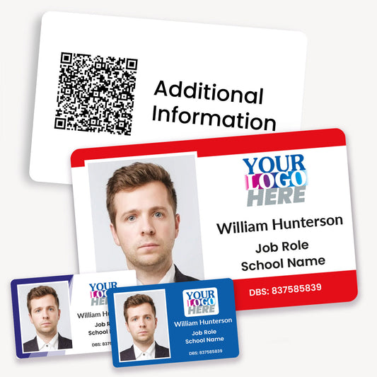 Customisable ID card measuring 86mm by 54mm, featuring three ID cards with an image of a man and contact details. Also 'Your Logo Here' text.  You also see the reverse of the card with Additional Information.