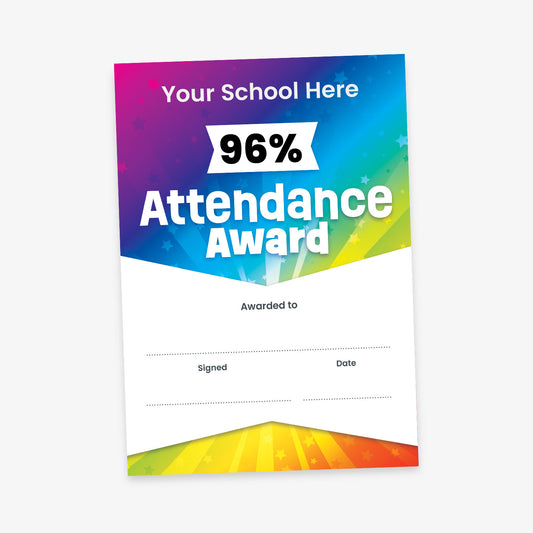 Portrait attendance award certificate with customizable text and editable percentage. Colour choice: image shows rainbow design.