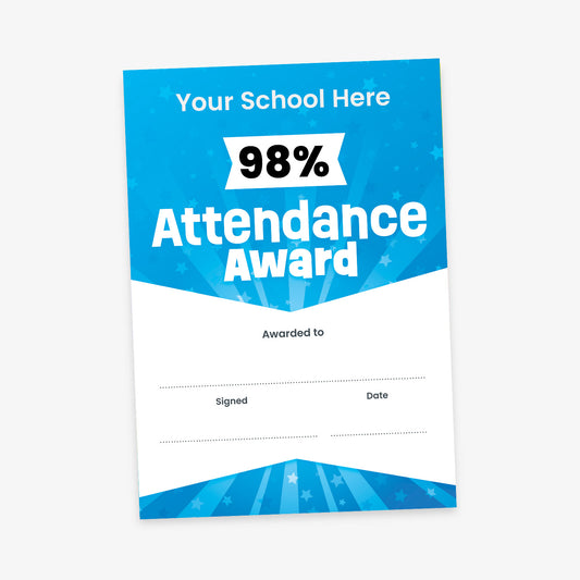 Portrait attendance award certificate with customizable text and editable percentage. Colour choice: image shows blue design.