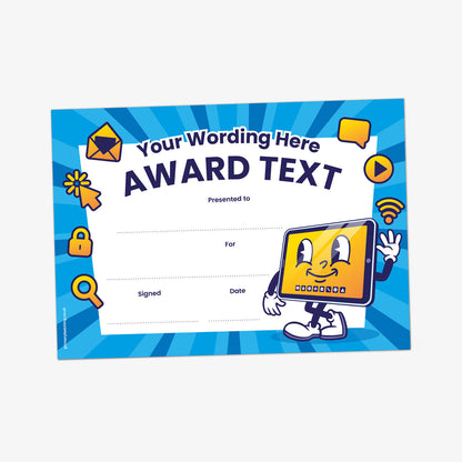 Blue certificate with 'Your Wording Here' 'Award text', with image of anthropomorphic tablet with a smiley face
