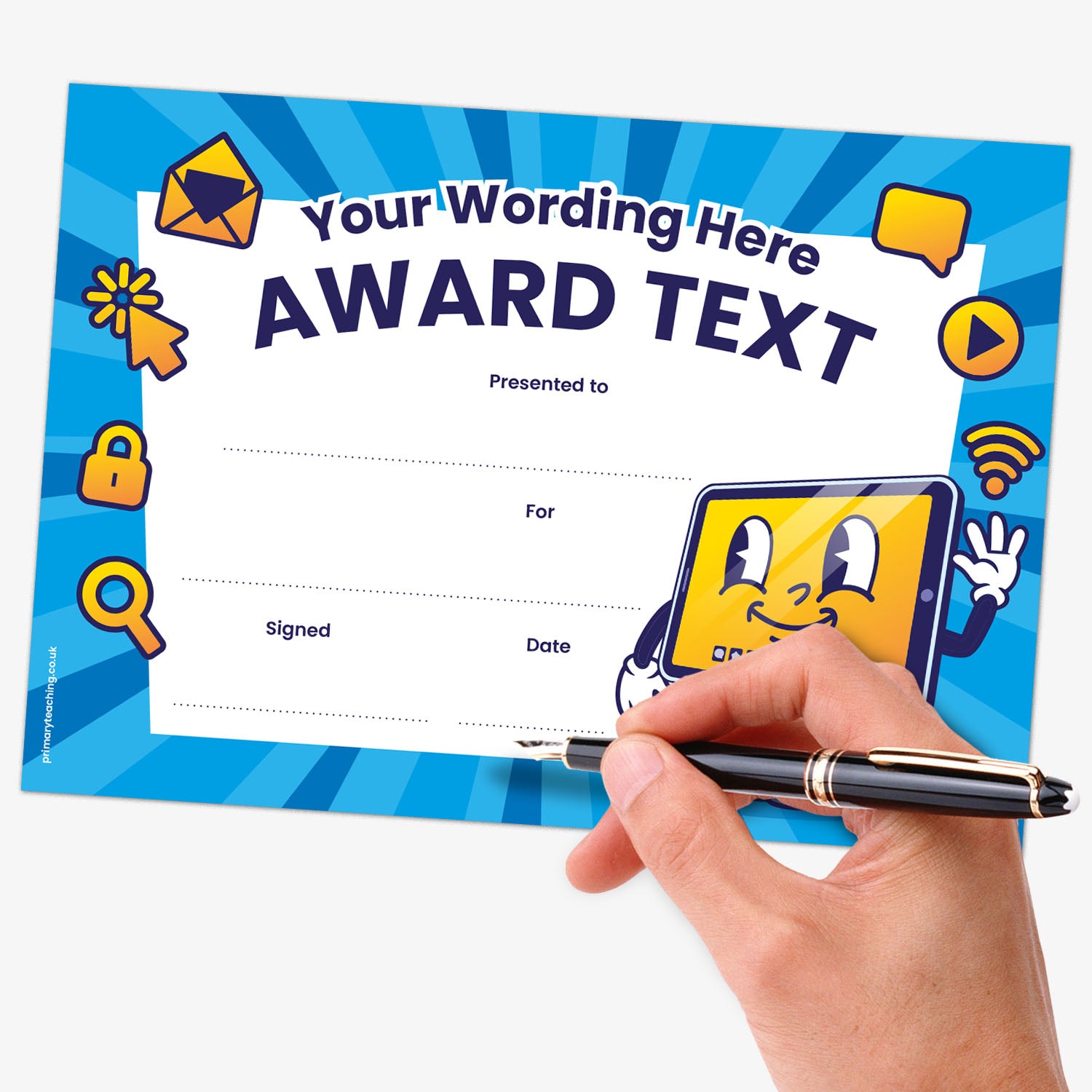 Blue certificate with 'Your Wording Here' 'Award text', with image of anthropomorphic tablet with a smiley face. with a hand holding a pen