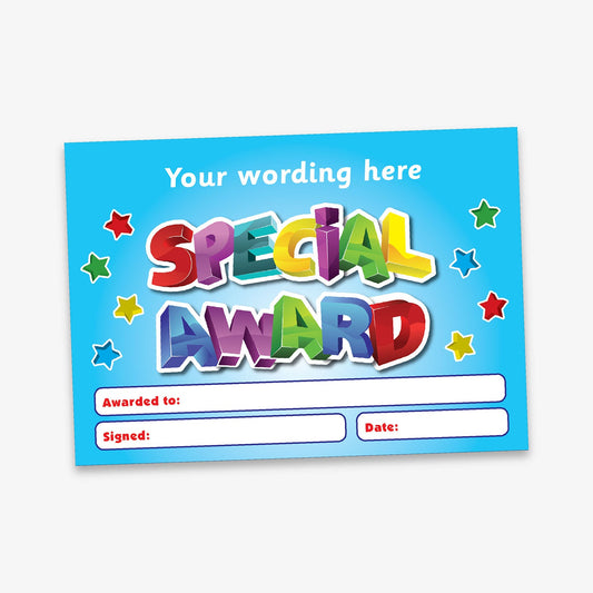 A5-sized personalised 'Special Award' certificate featuring a vibrant blue background with multicoloured 3D-style lettering, surrounded by colourful stars; includes customisable text areas for recipient's name, signature, and date—ideal for recognising pupil achievements