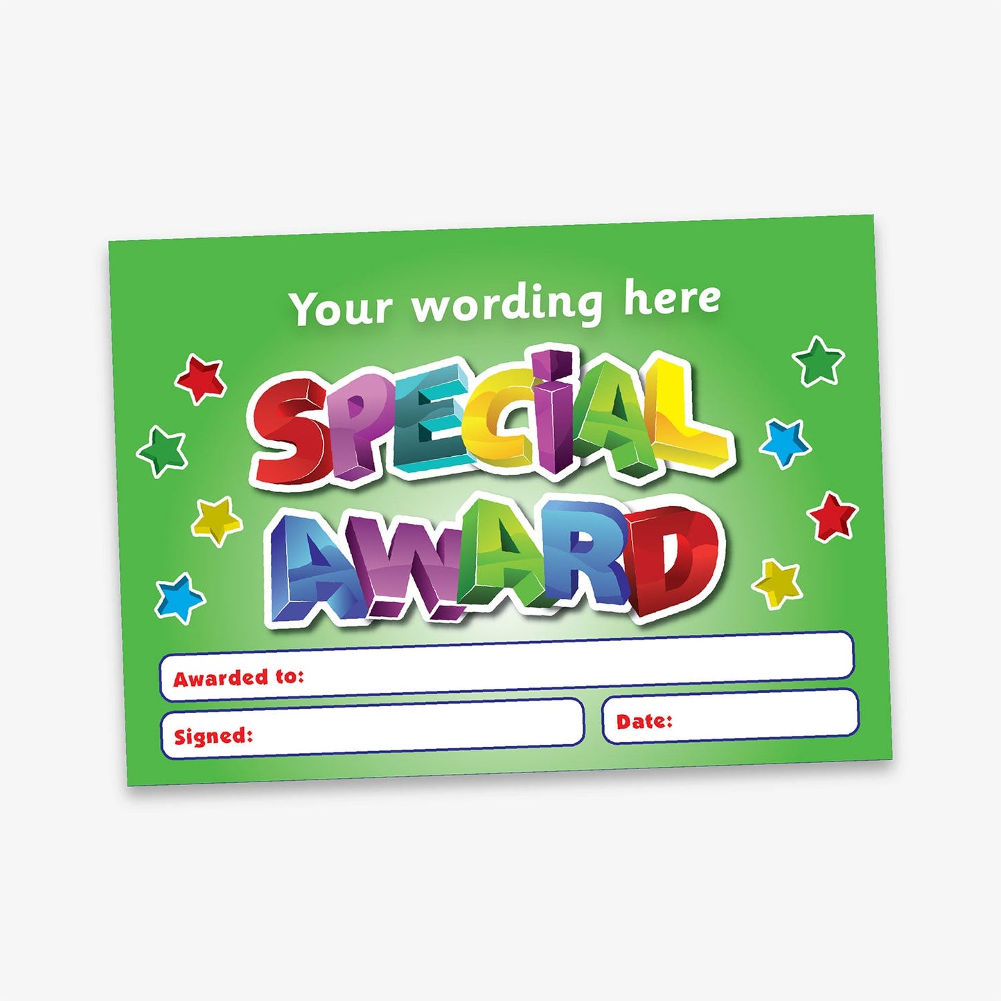 A5-sized personalised 'Special Award' certificate featuring a vibrant green background with multicoloured 3D-style lettering, surrounded by colourful stars; includes customisable text areas for recipient's name, signature, and date—ideal for recognising pupil achievements

