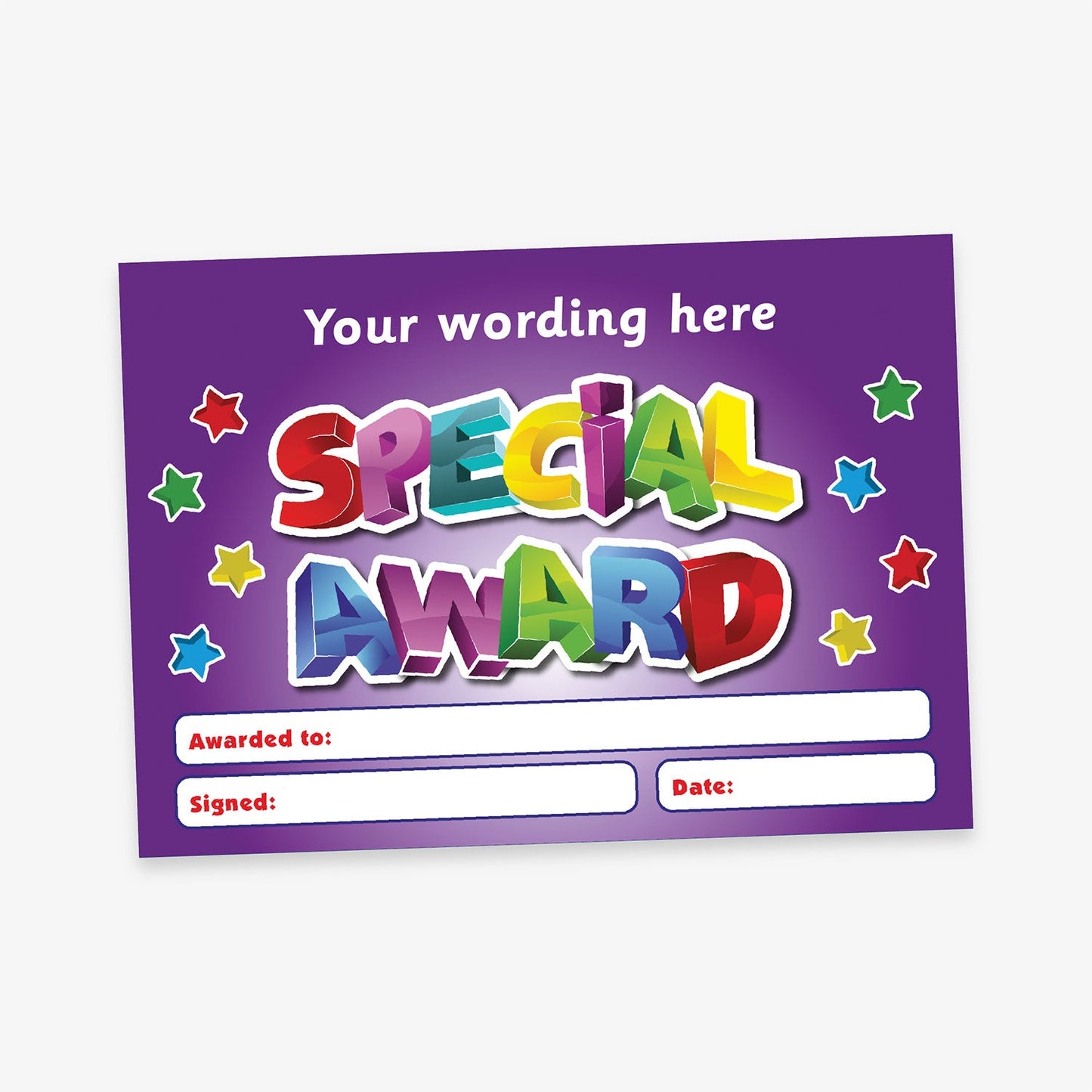 A5-sized personalised 'Special Award' certificate featuring a vibrant purple background with multicoloured 3D-style lettering, surrounded by colourful stars; includes customisable text areas for recipient's name, signature, and date—ideal for recognising pupil achievements