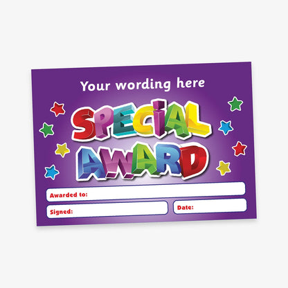 A5-sized personalised 'Special Award' certificate featuring a vibrant purple background with multicoloured 3D-style lettering, surrounded by colourful stars; includes customisable text areas for recipient's name, signature, and date—ideal for recognising pupil achievements