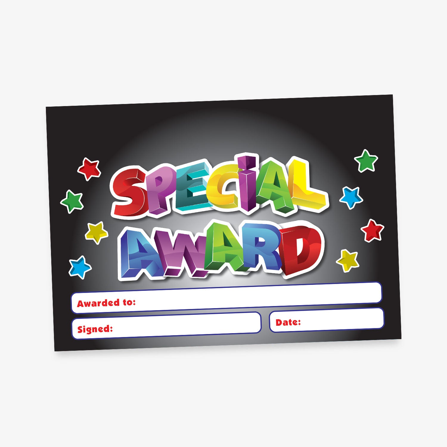 A5-sized personalised 'Special Award' certificate featuring a grey scale background with multicoloured 3D-style lettering, surrounded by colourful stars; includes customisable text areas for recipient's name, signature, and date—ideal for recognising pupil achievements