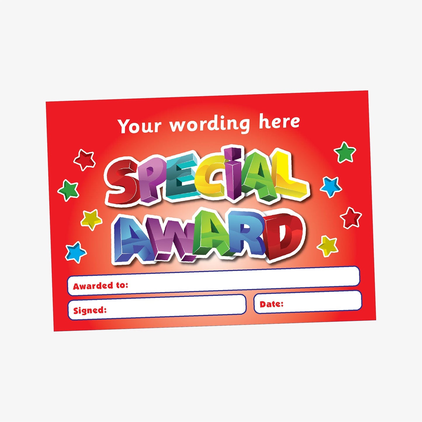 A5-sized personalised 'Special Award' certificate featuring a vibrant red background with multicoloured 3D-style lettering, surrounded by colourful stars; includes customisable text areas for recipient's name, signature, and date—ideal for recognising pupil achievements