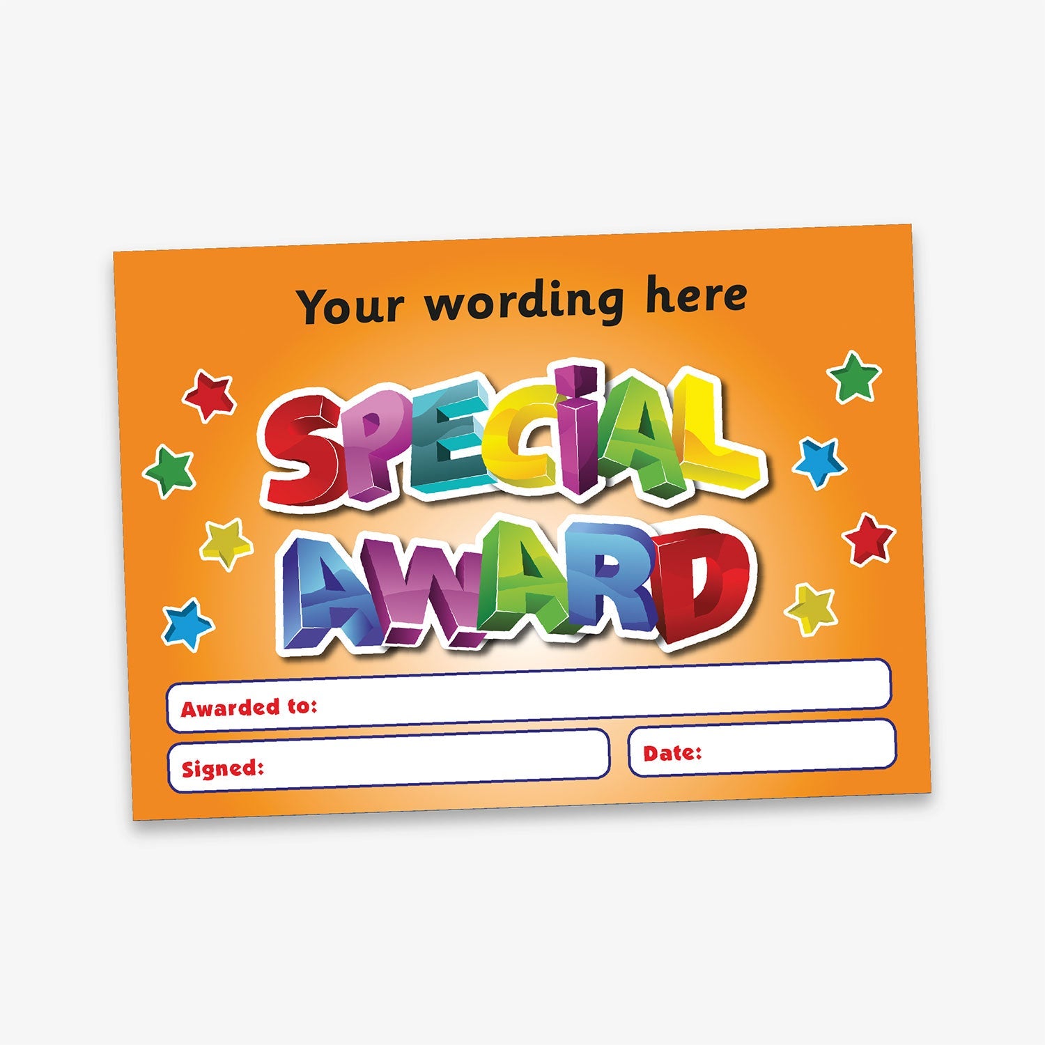 A5-sized personalised 'Special Award' certificate featuring an orange background with multicoloured 3D-style lettering, surrounded by colourful stars; includes customisable text areas for recipient's name, signature, and date—ideal for recognising pupil achievements
