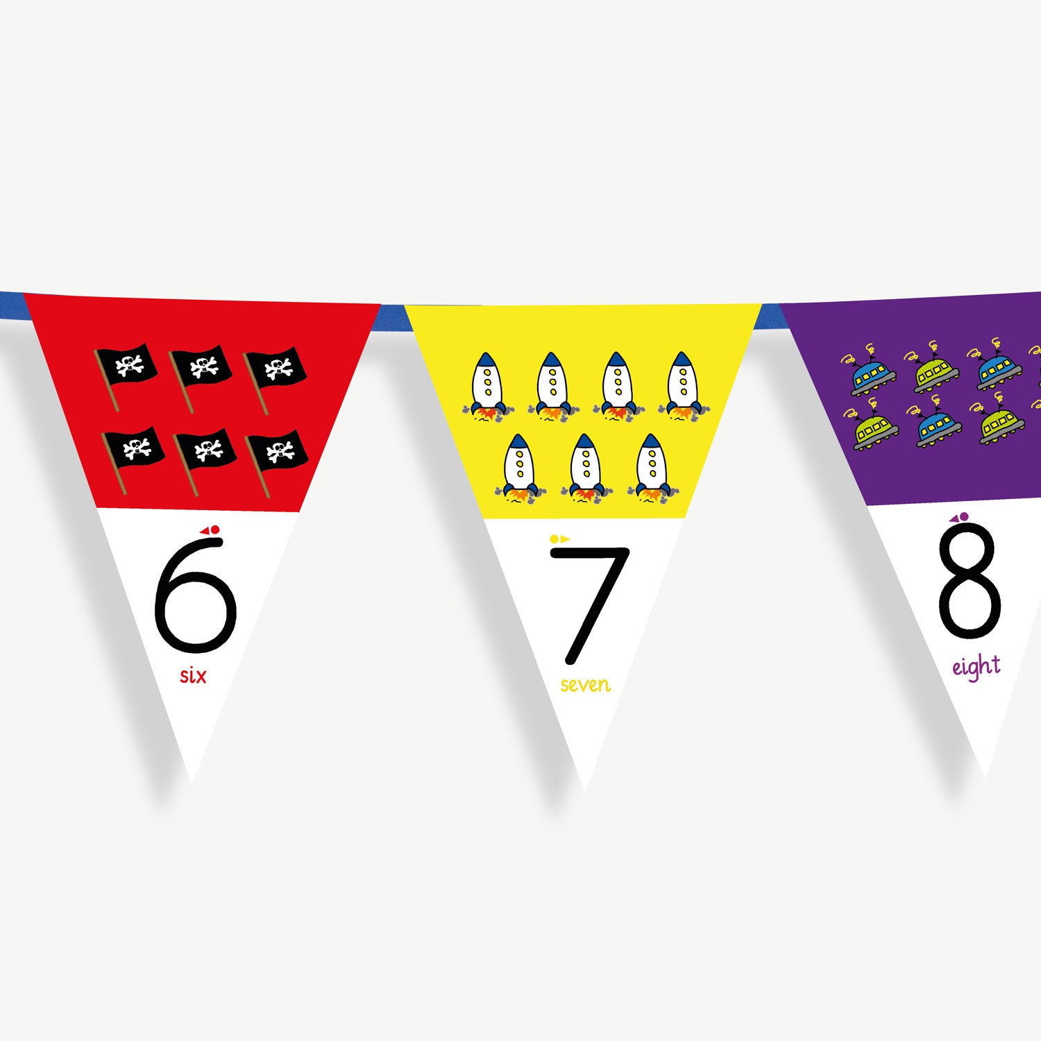 Colourful number bunting on blue ribbon featuring the numbers 6 to 8 - each flag has images at the top, relating to the number on the bunting flag and the number at the point of the bunting.
