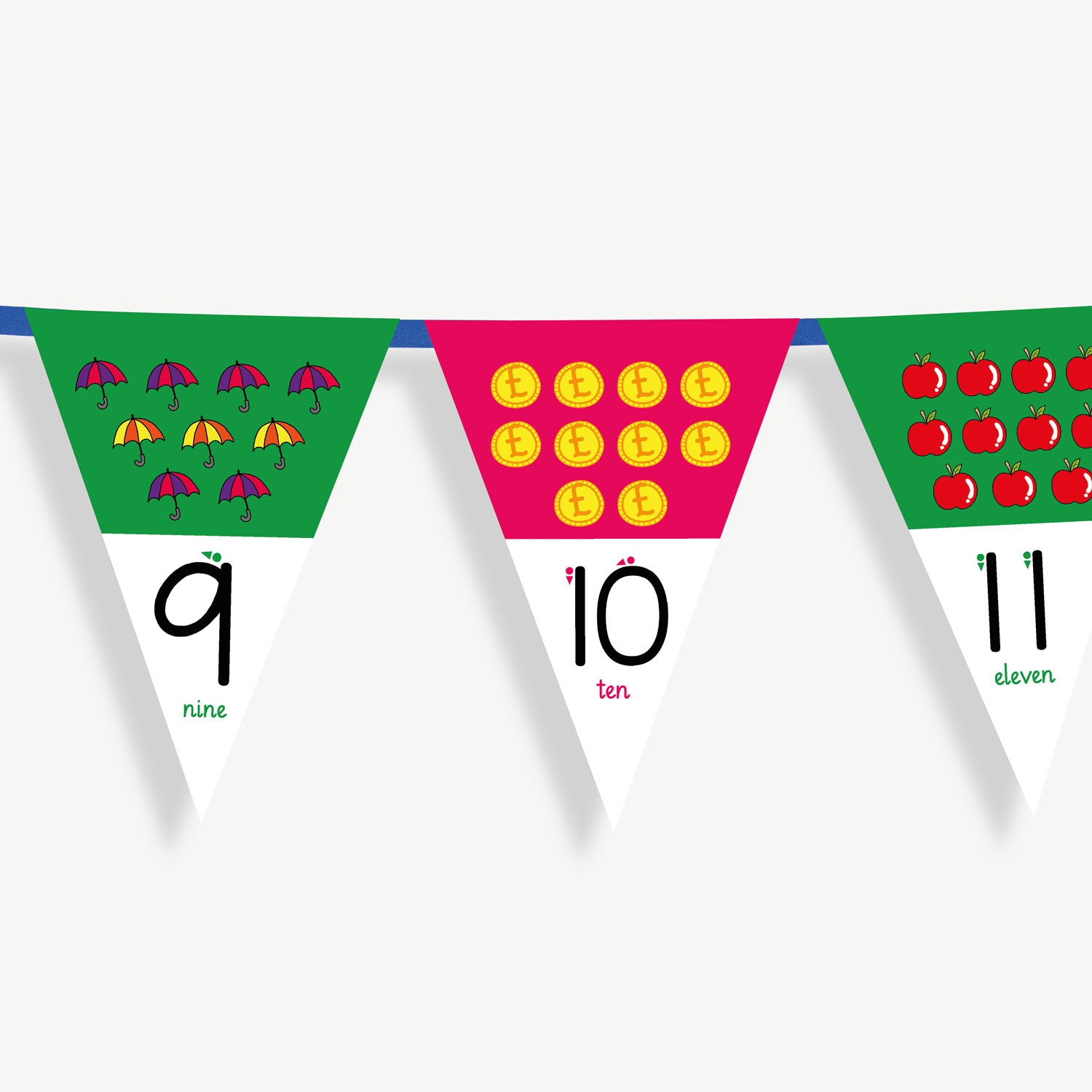 Colourful number bunting on blue ribbon featuring the numbers 9 to 11 - each flag has images at the top, relating to the number on the bunting flag and the number at the point of the bunting.
