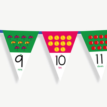 Colourful number bunting on blue ribbon featuring the numbers 9 to 11 - each flag has images at the top, relating to the number on the bunting flag and the number at the point of the bunting.
