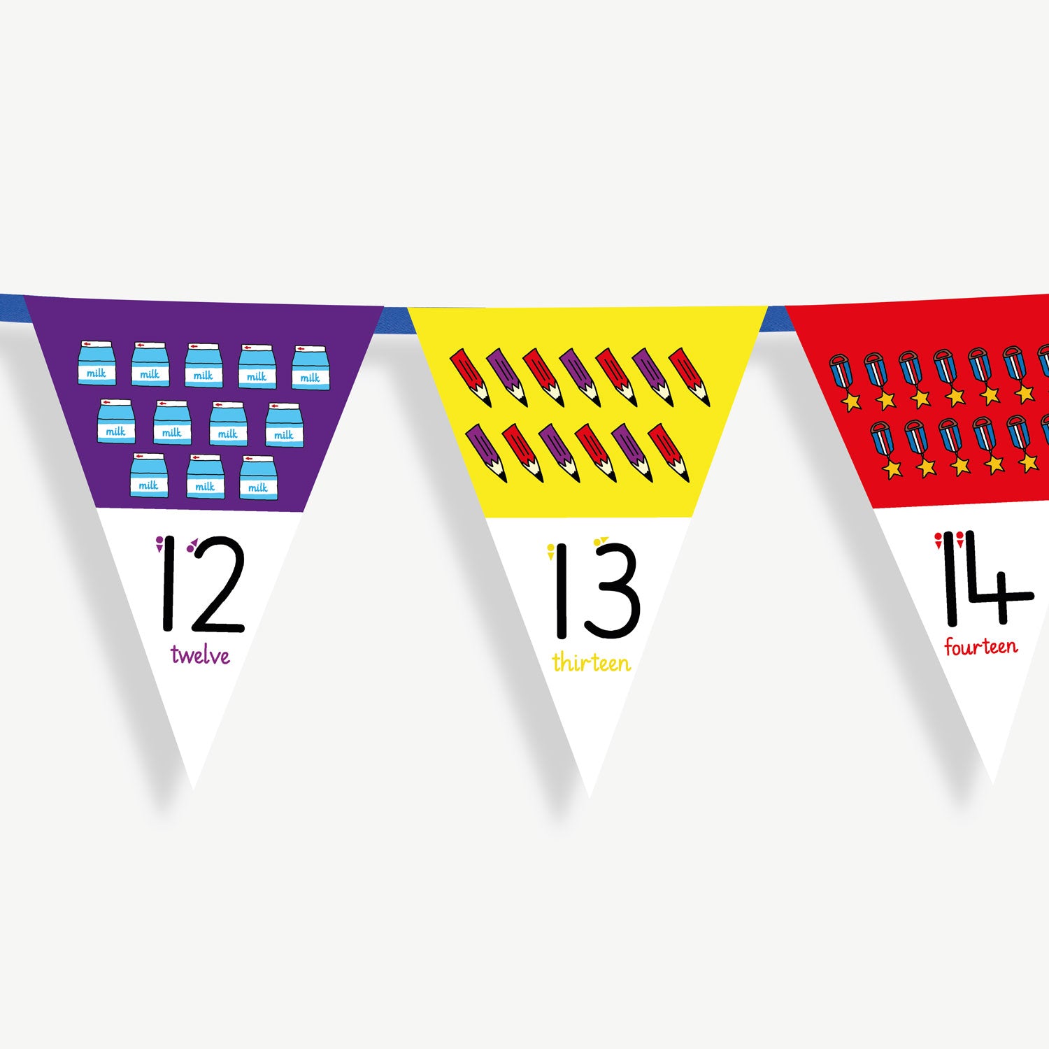 Colourful number bunting on blue ribbon featuring the numbers 12 to 14 - each flag has images at the top, relating to the number on the bunting flag and the number at the point of the bunting.
