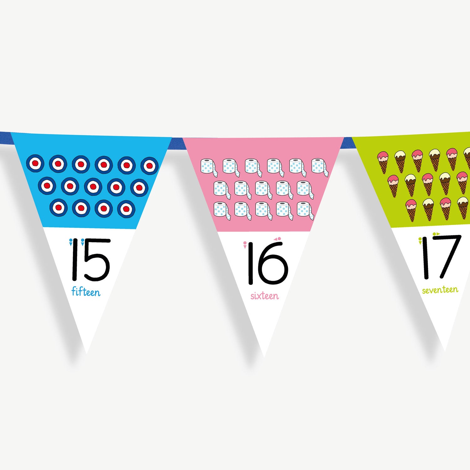 Colourful number bunting on blue ribbon featuring the numbers 15 to 17 - each flag has images at the top, relating to the number on the bunting flag and the number at the point of the bunting.
