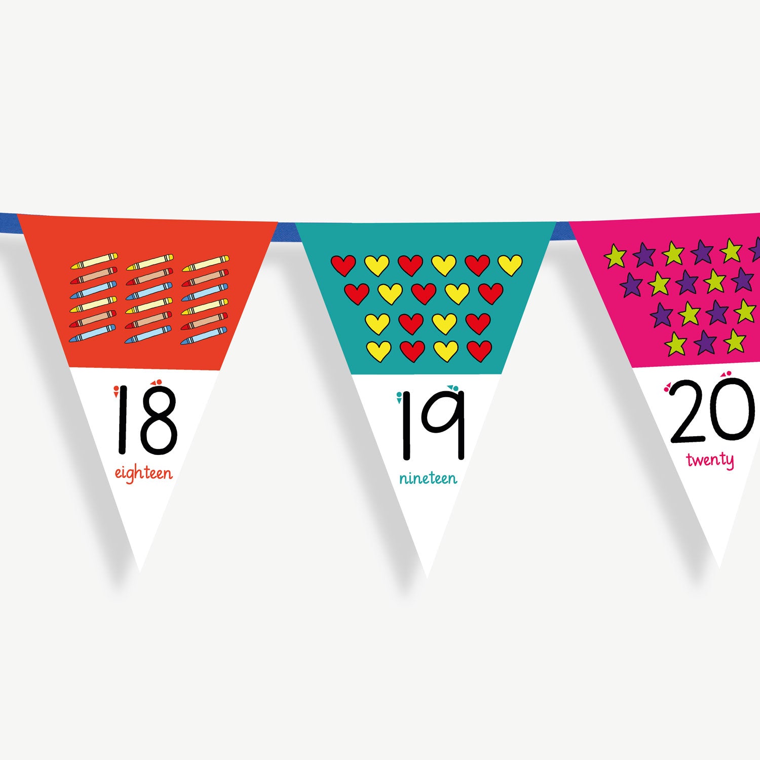 Colourful number bunting on blue ribbon featuring the numbers 18 to 20 - each flag has images at the top, relating to the number on the bunting flag and the number at the point of the bunting.
