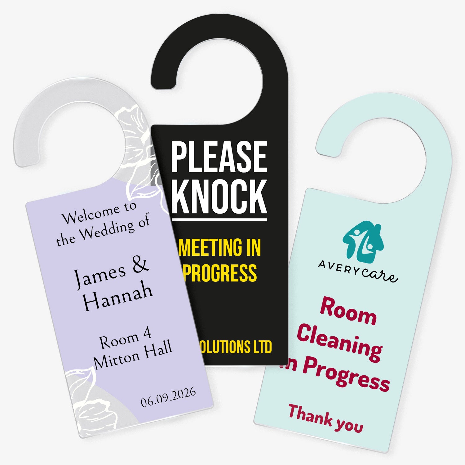 Three Acrylic Door Hangers left design ornate purple wedding design for 'James & Hannah', Middle design 'Please Knock Meeting In Progress on black background, right door hanger ' Room Cleaning in Progress' on a pale teal background