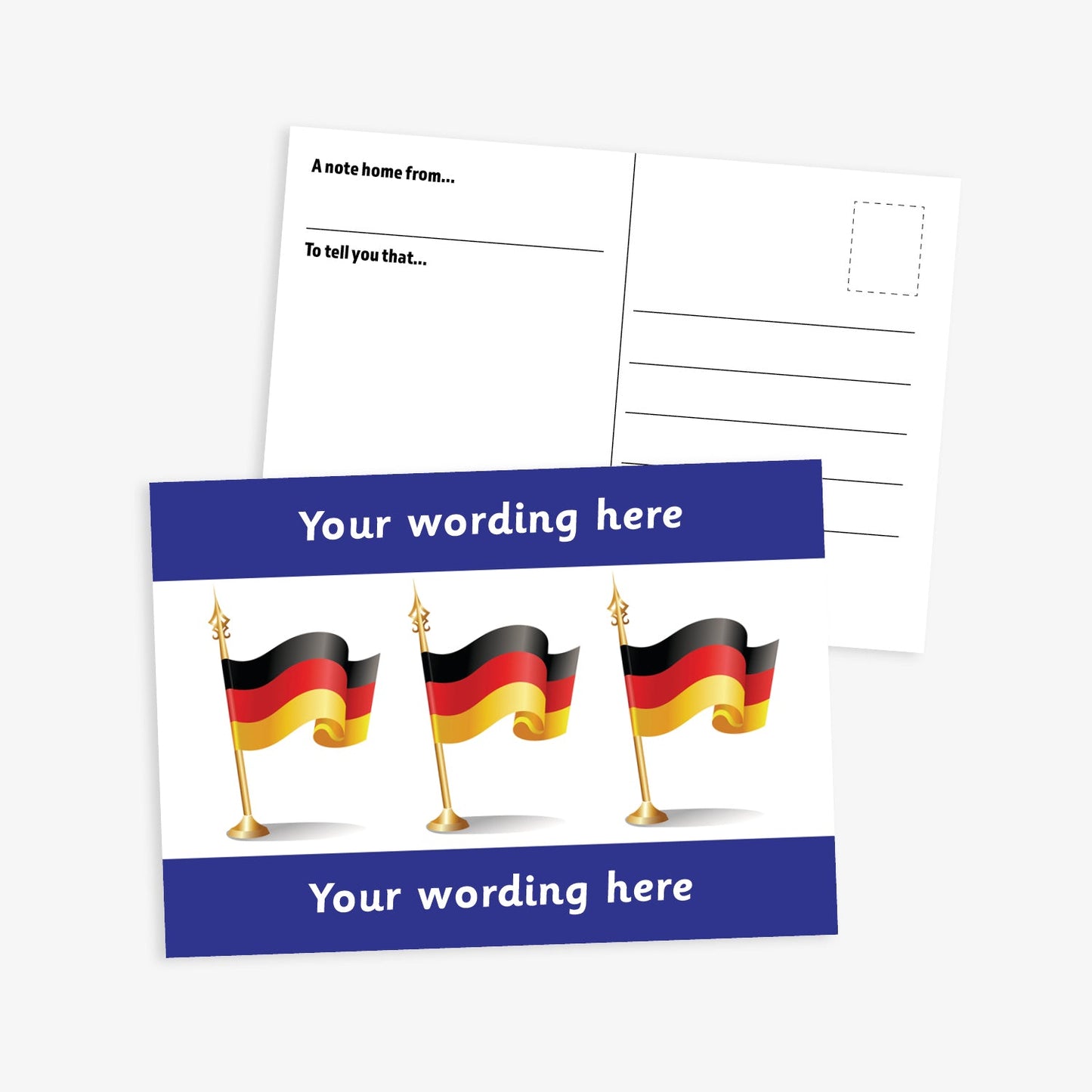 Personalised German Flag A6 Postcard –  The front features three waving German flags on a white background, framed by bold bark blue borders at the top and bottom, where personalised text can be added. The reverse side includes space for a handwritten message and address, making it perfect for use in modern foreign language lessons or as a motivational reward.
