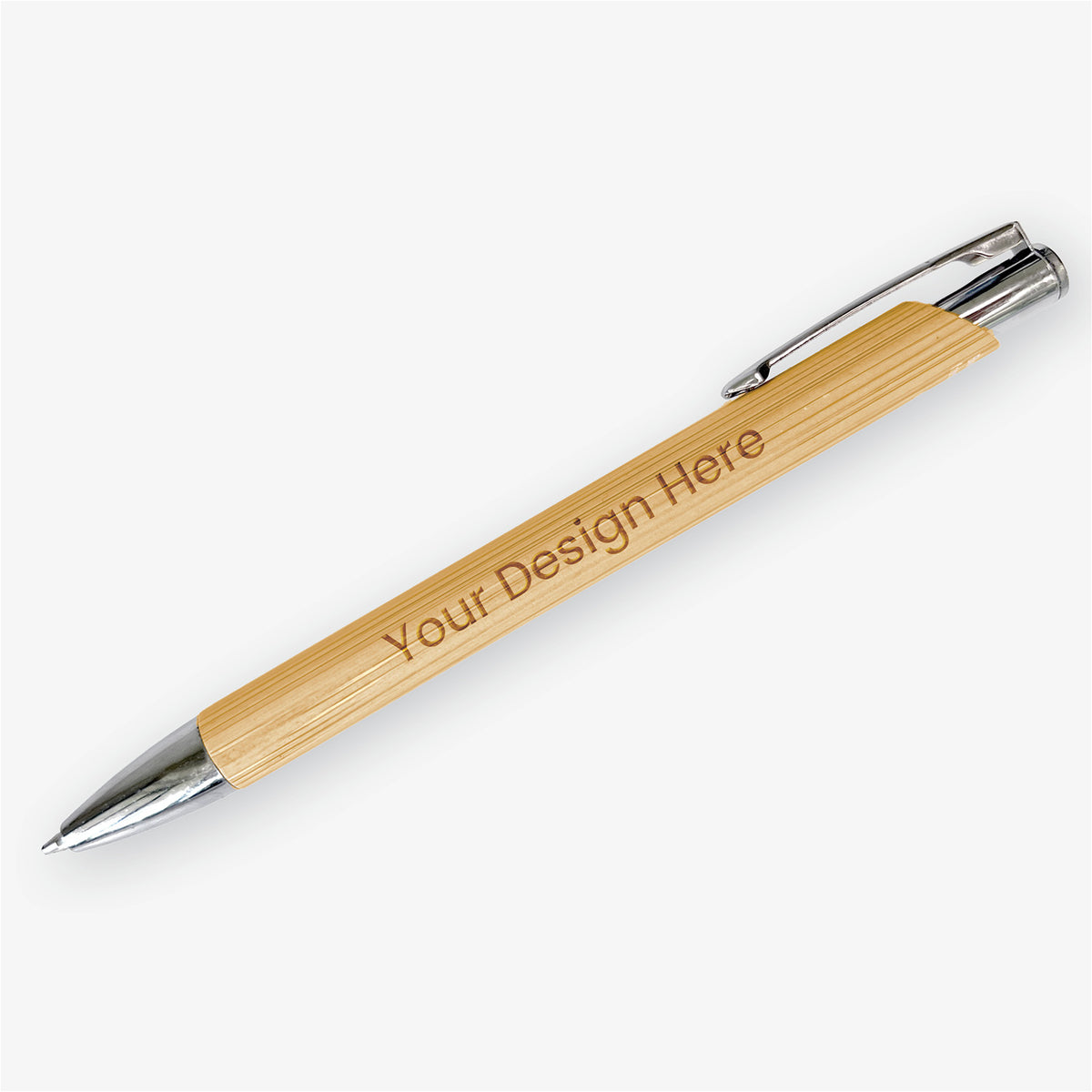 Personalised bamboo ballpoint pen with engraved wording, a retractable tip, pocket clip and polished silver-tone fittings.