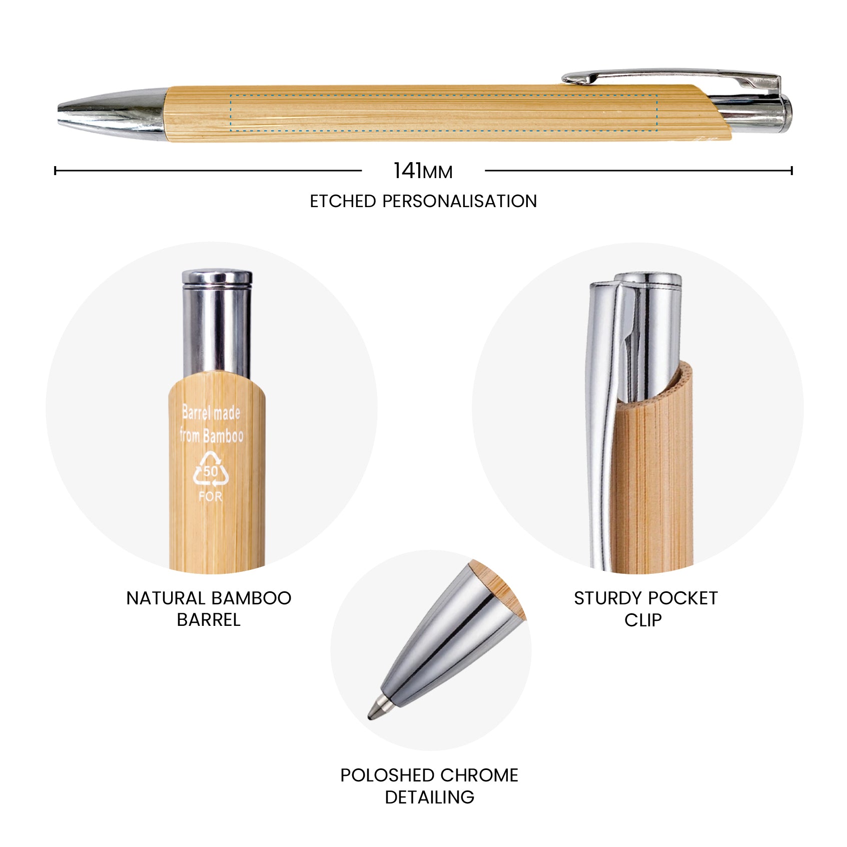 Personalised bamboo ballpoint pen with natural wood-grain barrel, polished chrome detailing, pocket clip and etched personalisation.