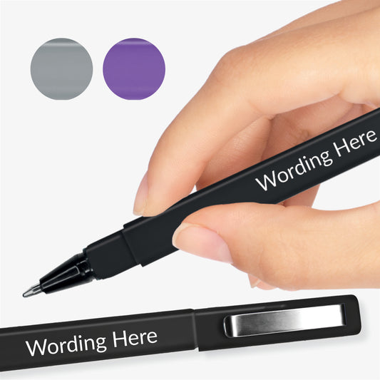 Black, square barrelled, textured ball point pen with  brushed metal clip on the lid.  Placeholder text 'Wording Here' on the barrel, held in a hand